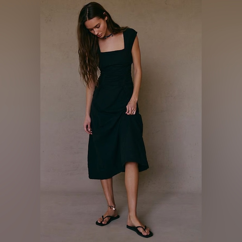 Free People Black Midi Square-Neck Dress